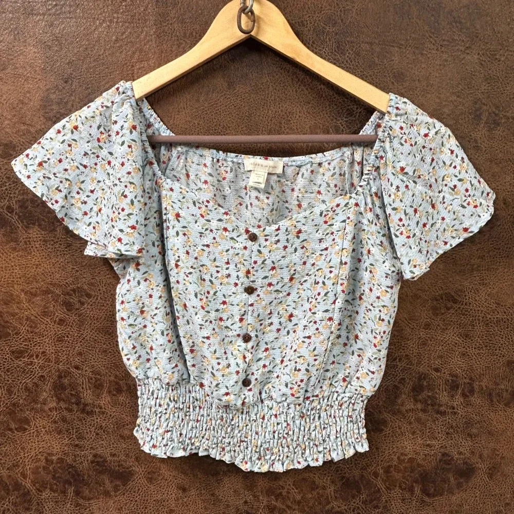 Monteau LA Large Light Blue Micro‎ Floral Smocked Waist Western Rodeo Blouse